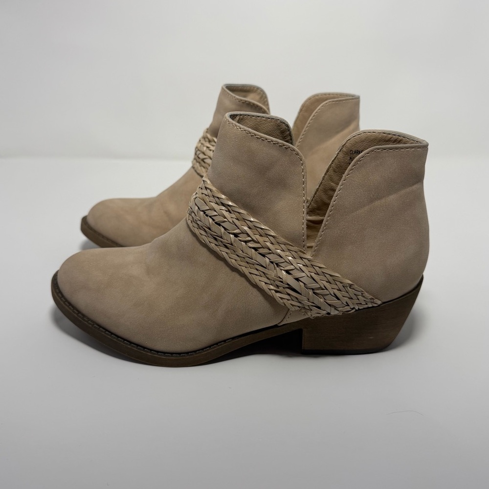 Women’s Jellypop Beige Suede Ankle Boots with Braided Strap, 2in Heel, Size 7.5M